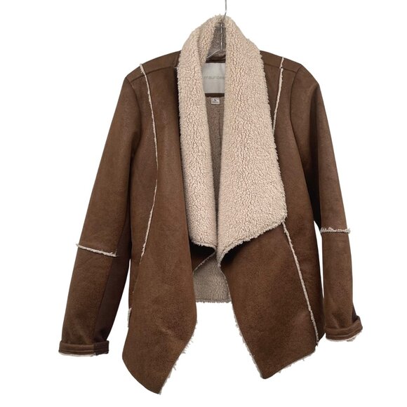 Maurices Faux Suede Open Front Coat Sherpa Lined Brown/Cream Size Large Pockets - Picture 1 of 9